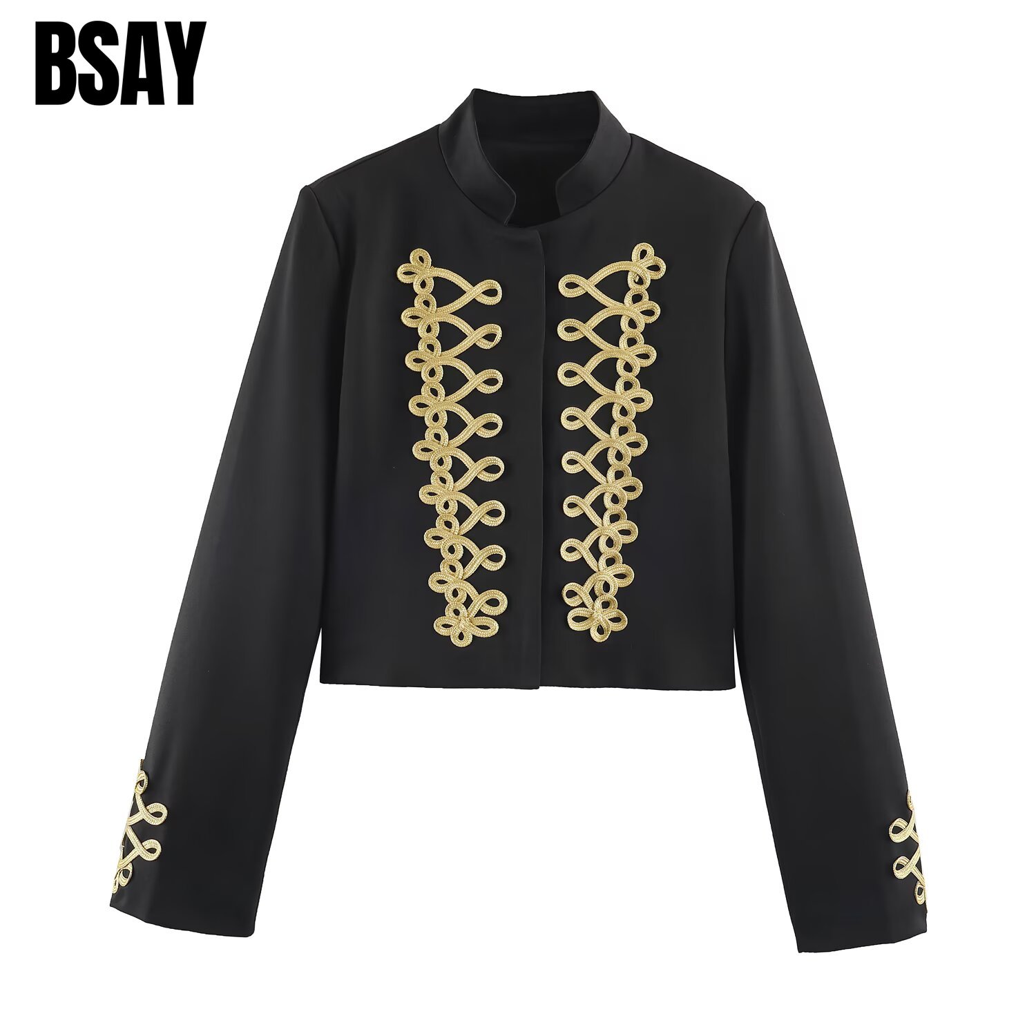 Embroidery Gold - Женский укороченный пиджак BSAY с воротником-стойкой,